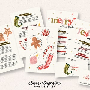 Könnte beinhalten: Druckbarer Satz von Karten mit festlichen Illustrationen und Text. Die Karten zeigen Lebkuchen, Zuckerstangen und einen Strumpf. Der Text enthält "Merry Diffuser Blends", "Festive Roller Blends", "The North Pole" und "Holly Jolly".