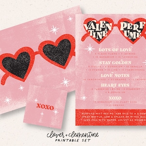 Könnte beinhalten: Ein Set druckbarer Valentinstagskarten mit rosa Hintergrund und einer Grafik mit herzförmigen Sonnenbrillen. Die Karte enthält ein Rezept für einen Parfüm-Nebel mit einer Liste von ätherischen Ölen und deren Mengen. Der Text auf der Karte lautet "VALEN TINE PERF UME" und "LOTS OF LOVE, STAY GOLDEN, LOVE NOTES, HEART EYES, XOXO".