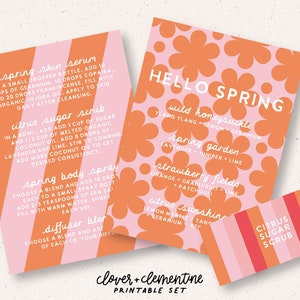 Herunterladen + Drucken | "Hello Spring" Retro inspirierte Hautpflegemischungen und passende Sticker ."