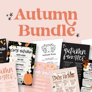 Può includere: Una collezione di liste e schede stampabili a tema autunnale. Le schede presentano illustrazioni di zucche, case e foglie. Il testo sulle schede include "Sweet Treats", "Cozy Autumn", "Autumn Home", "Autumn Favorites", "Autumn in Stars Hollow", "Lake House", e "Autumn with Essential Oils".