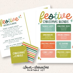 以下が含まれることがあります： お祝いのクリスマスエッセンシャルオイルブレンドの印刷可能なセット。カードは緑、オレンジ、ピンク、ブルーで、白いテキストが書かれています。ブレンドには、「トゥインクルライト」、「クリスマスツリー」、「ジンジャーブレッド」、「ベーキングクッキー」、「クリスマスムービー」、「アイススケート」、「キャンディーケイン」、「クリスマスキャロル」が含まれています。