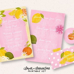 May include: Printable set of pink and white cards with illustrations of lemons, limes, and oranges. The cards feature recipes for various citrus-themed scents, including Pink Lemonade, Fresh Mint, Morning Sunshine, Sweet Citrus, Key Lime Pie, Lavender Lemon Linen Spray, Citrus Sugar Scrub, Room Spray, and Laundry Boost.