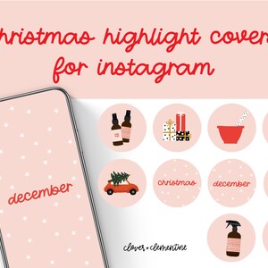 Könnte beinhalten: Ein Smartphone zeigt einen rosa Bildschirm mit weißen Sternen und dem Wort "Dezember" in Rot. Das Bild zeigt Weihnachtshighlight-Cover für Instagram mit festlichen Symbolen wie Geschenken, einem Auto mit Baum und einer Tasse Kakao.