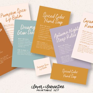 Op de afbeelding: Printbare kaarten met instructies voor het maken van wellnessproducten met een herfstthema, waaronder een pompoenspecerij lippenbalsem, een dromerig glow-serum, een gekruide cider handzeep, een herfstnacht slaaproller en een karamel appel kamerspray. De kaarten zijn in verschillende kleuren, waaronder oranje, bruin, roze, paars en blauw.