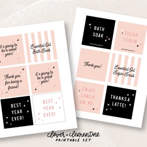 May include: Printable gift tags with pink and black text on a white background. The tags feature various messages, including "Thank you for being a friend!" and "Best year ever!"  The tags are ideal for adding a personal touch to gifts.