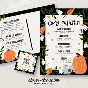 Può includere: Set di carte stampabili con profumi autunnali per diffusori e scaldacera. Le carte presentano illustrazioni di zucche, foglie e fiori. I profumi includono Tempo da Maglione, Sidro di Mele, Snickerdoodle, Luci Scintillanti e Camino.