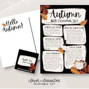 Może przedstawiać: Drukowany zestaw przepisów na jesienne przysmaki z wykorzystaniem olejków eterycznych. Przepisy obejmują peeling do ust z pomarańczy, mydło do rąk o smaku jabłkowego ciasta, odświeżacz powietrza do przytulnego domu, świeże dynie i przyprawiony cydr. Projekt zawiera jesienne liście i czarne tło z białym tekstem.