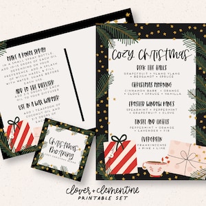 以下が含まれることがあります： 黒地に金色の星が散りばめられた印刷可能なカードセット。カードには、クリスマスのプレゼントとティーカップのイラストが描かれています。カードのテキストには「Cozy Christmas」と、クリスマスシーズンにぴったりのエッセンシャルオイルブレンドが記載されています。「Deck the Halls」、「Christmas Morning」、「Frosted Window Panes」、「Tinsel and Lights」、「Evergreen」などがあります。