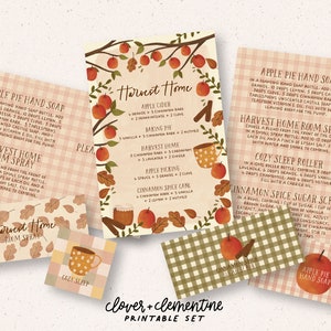 May include: Printable set of recipe cards with a fall theme. The cards feature a harvest home theme with illustrations of apples, cinnamon sticks, and leaves. The recipes include apple cider, baking pie, harvest home, apple picking, and cinnamon spice cane. The cards are in a brown and orange plaid pattern.
