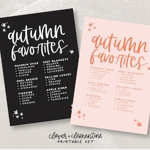 May include: Two printable cards with the text "autumn favorites" in a handwritten font. Each card has a list of autumn-themed scents and flavors, such as pumpkin spice, cool breeze, and apple cider.