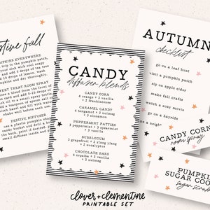 May include: Printable set of autumn-themed cards with black and white stripes, pink and orange stars, and handwritten text. The cards include "festive fall", "candy diffuser blends", "autumn checklist", "candy corn room spray", and "pumpkin sugar cookie sugar scrub".