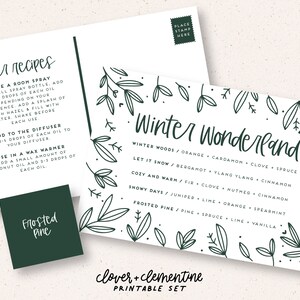 以下が含まれることがあります： 冬のテーマの、エッセンシャルオイルディフューザーレシピの印刷可能なセット。セットは、緑と白のデザインで、花の縁取りと「Winter Wonderland」のテキストが特徴です。レシピには、「Winter Woods」、「Let It Snow」、「Cozy and Warm」、「Snowy Days」、「Frosted Pine」が含まれています。