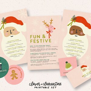 以下が含まれることがあります： サンタクロースとトナカイのイラストが描かれた、印刷可能なクリスマスカード。カードには、「トナカイゲーム」、「そりベル」、「サンタのためのクッキー」、「暖炉のそばの靴下」、「北極」など、お祝いの食べ物や香りの作り方の材料リストが記載されています。カードはピンクで、緑と赤のアクセントが付けられています。