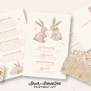 Könnte beinhalten: Druckbarer Satz von Osterkarten mit Hasenillustrationen und Text, der "springtime roller", "grass stain remover", "april showers spray", "easter room spray", "hippity hoppity", "jelly beans", "chocolate bunny", "egg hunt" und "clover + clementine printable set" lautet.