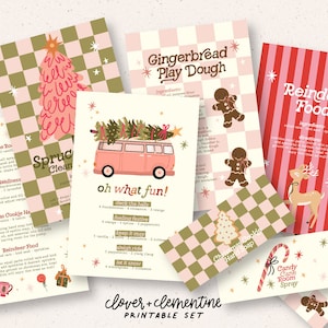 以下が含まれることがあります： ピンク、グリーン、ホワイトのチェック柄の背景を持つ、印刷可能なクリスマスアクティビティカード。カードには、クリスマスツリー、ジンジャーブレッドマン、トナカイ、バンなどのイラストが描かれています。カードのテキストには、「ジンジャーブレッドプレイドー」、「トナカイフード」、「スプルースクリーン」、「オーワットファン！」、「キャンディーケーンルームスプレー」が含まれています。