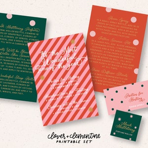 May include: Printable cards with red and white stripes and green polka dots. The cards feature instructions for making different essential oil blends for hosting, sleep, and winter skin. The text on the cards reads "It's the Most Wonderful Time of the Year", "Parties for Hosting", "Marshmallows for Toasting", "Cozying out in the Snow", "Much Mistletoe Perfume", "Hearts Will be Glow Winter Skin Serum", "Most Wonderful Sleep Roller", and "Parties for Hosting Room Spray".