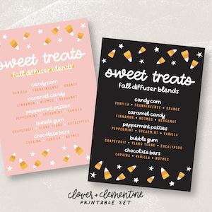 May include: Two printable cards with a black and pink background. The cards feature a list of fall diffuser blends with names like "candy corn", "caramel candy", and "peppermint patties". The cards are decorated with stars and candy corn graphics. The text at the bottom of the cards reads "clover + clementine printable set".