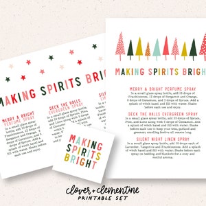 Könnte beinhalten: Druckbarer Satz mit Anleitungen zum Herstellen von vier verschiedenen Raumsprays zum Thema Weihnachten. Die Anleitungen tragen den Titel "Making Spirits Bright" und beinhalten Rezepte für "Merry & Bright Perfume Spray", "Deck the Halls Evergreen Spray" und "Silent Night Linen Spray".
