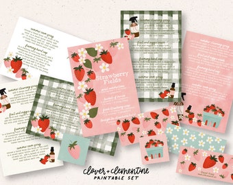 Download + Print | "Strawberry Fields" Summer 2023 Diffuser Blends, DIY Recipes, Stickers, etc. | Includes Editable + Ready to Print Files