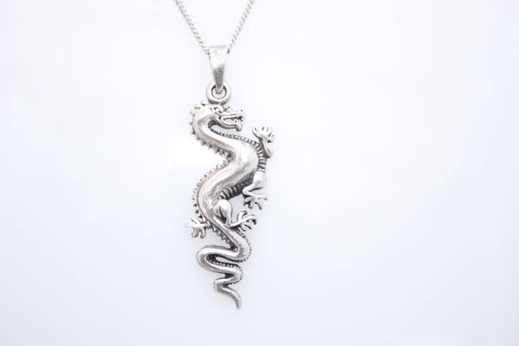 Vintage Silver Chinese Dragon Pendant Necklace. Vi