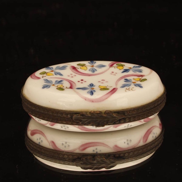 Limoges France Signed MC Peint Main Trinket Box Blue Pink and Yellow Floral Hand Painted design.