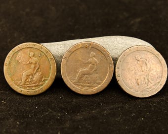 Three Genuine Georgian Copper Cartwheel pennies including one Love Token.