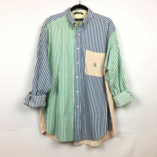 Vintage 90’s Nautica Mens Sz L Striped Pastel Button Down Shirt Preppy