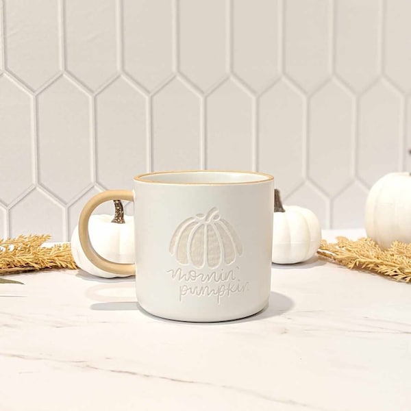 Cute Mornin' Pumpkin Mug, Engraved Fall Coffee Mug for Her, Handmade Mug for Autumn, Neutral Aesthetic Mug for Tea, Latte, Hot Chocolate