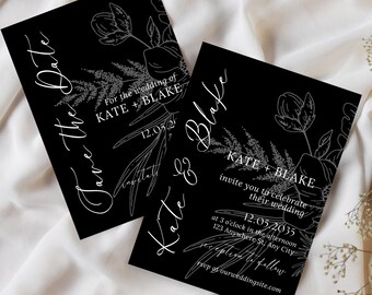 Editable Black Floral Wedding Invitation Suite, Save the Date Template for Canva (Digital Download), Modern Minimal Black and White