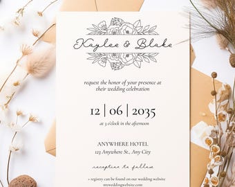 Editable Floral Wedding Invitation Suite, Save the Date Template for Canva (Digital Download), Modern Minimal Black and White