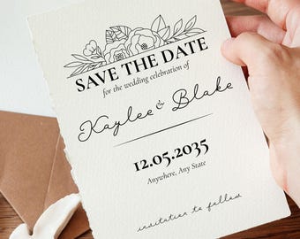 Black and White Floral Wedding Invitation Suite Template, Modern Minimalist Save The Date (Digital Download)