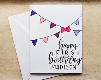 Personalized 1st Birthday Card: Hand-Lettered Rainbow Banner