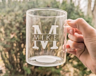 Custom Hand Engraved Name Monogram Glass Mug | Personalized Name Coffee Mug | Gift for Friend, Bridesmaid Gift, Groomsmen Gift, Gift for Her