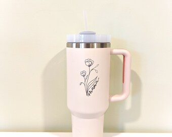 Custom 40oz Tumbler with Lid and Straw | Hand Engraved Mama Cup for Her | Personalized Floral Gift for Mom, Mother's Day, Baby Shower
