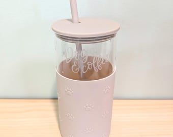 Custom Pet Themed Hand Engraved Glass Tumbler with Lid and Straw, Personalized Ice Coffee Cup, Gift for Dog Parent, Cat Parent