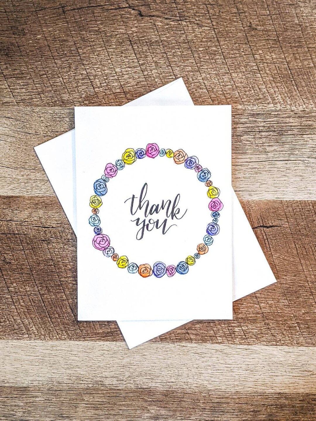 Handmade Floral Wreath Thank You Card: Watercolor Design - Etsy