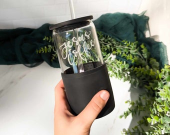 Hand-Engraved Coffee & Jesus Cup, "Give Me Jesus" Glass Tumbler with Lid and Straw, Cute Christian Faith Cup, Engraved Coffee Cup for Her