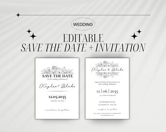 Simple Black and White Wedding Invitation Template for Canva, Minimalist Floral Save The Date, Editable Wedding Invitation