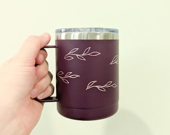 Cute Engraved Camp Style Stainless Steel Travel Mug with Lid, Floral Travel Mug for Coffee, Tea, Water, 12oz Travel Mug with Handle