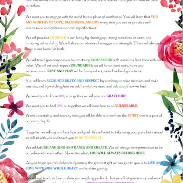 Brene Brown Eltern Manifest, Inspirierende Wandkunst, Eltern Geschenk, Brene Brown Zitat Wandkunst, Weibliche Zitate, Buntes Zitat Poster