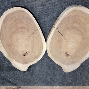 May include: Two natural wood slices, each with a unique grain pattern and a slightly oval shape. The wood is light brown with darker brown rings.