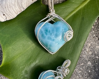 Sterling Wrapped Larimar Heart Necklace | Blue Heart Necklace | Larimar Heart Pendant