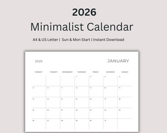 Calendrier minimaliste 2026 imprimable | Agenda mensuel, A4, lettre US (téléchargement numérique)