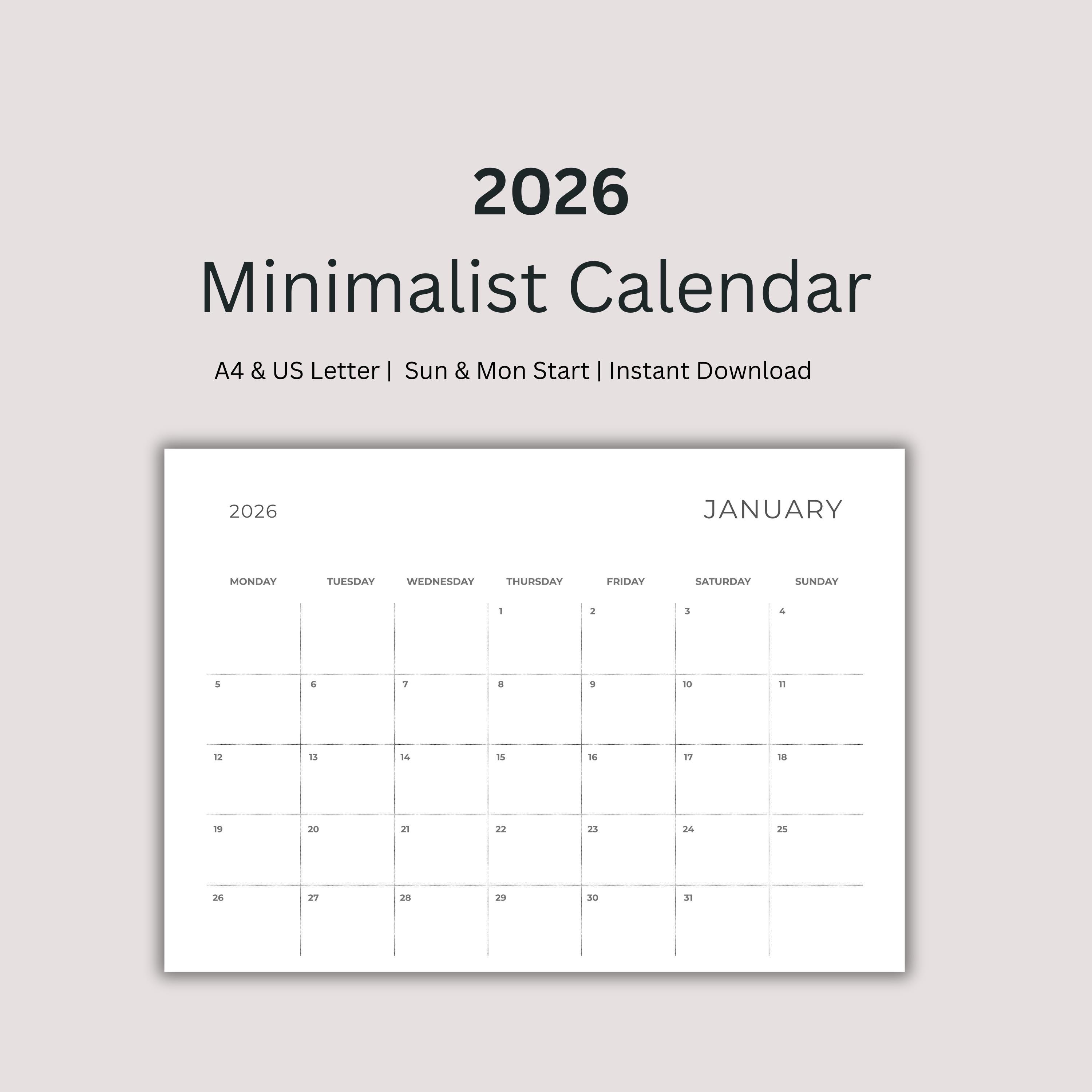 2026 Minimalist Calendar Printable | Monthly Planner, A4, US Letter ...