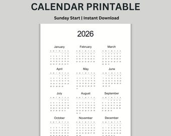 Calendario imprimible de un vistazo del año 2026 • Minimalista de una página (Descarga en PDF)