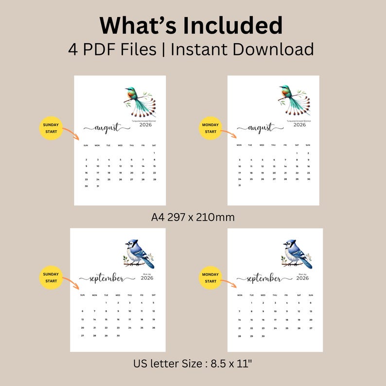 2026 Watercolor Bird Calendar – Printable Wall Art (A4 & US Letter) - Etsy