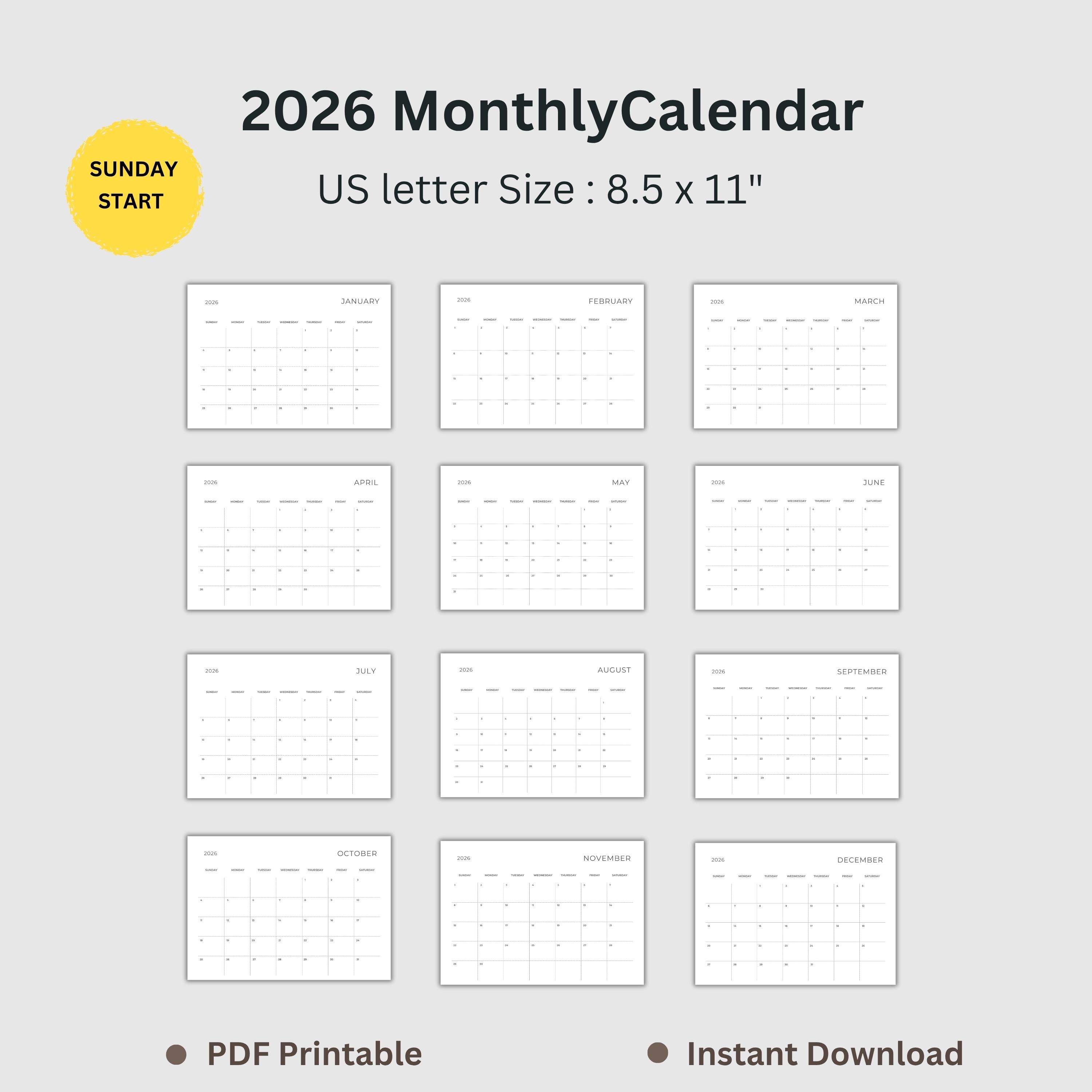 2026 Minimalist Calendar Printable | Monthly Planner, A4, US Letter ...