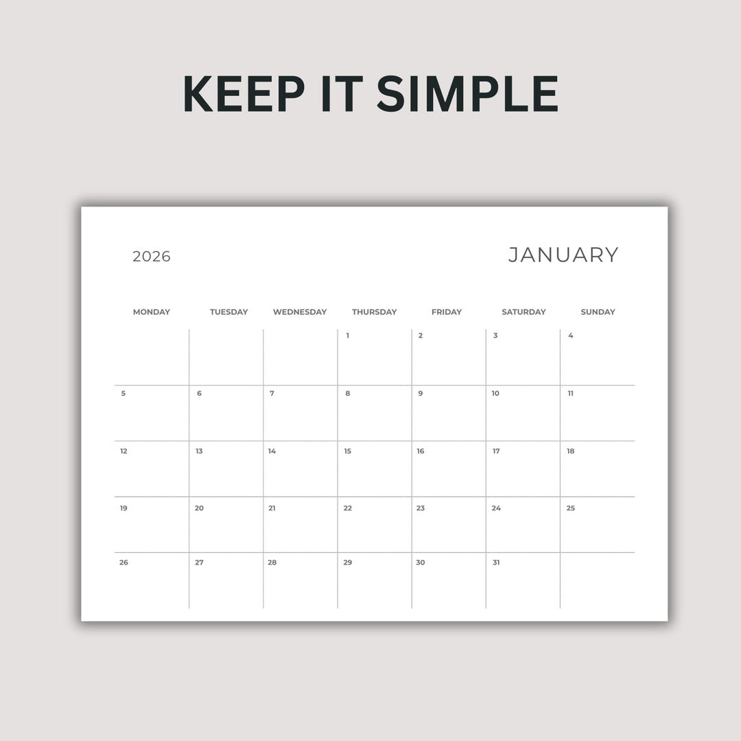 2026 Minimalist Calendar Printable | Monthly Planner, A4, US Letter ...