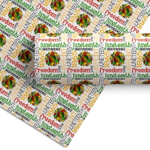 May include: A white background with a repeating pattern of sunflowers and the words "Juneteenth", "Freedom", and "Independence 1865".