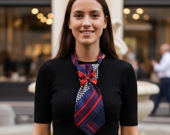 Cravatta retro i seta rossa e blu con fiocco | Accessorio fatto a mano. ID00333